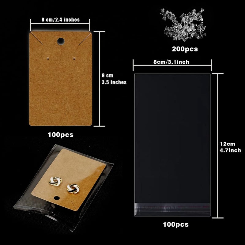fuceury Earring Display Cards - 100 Pcs Earring Holder Cards with 200 Pcs Backs and 100 Jewelry Packaging for Necklace Jewelry Bags Kraft Color 3.5x2.4 Inches - Image 5